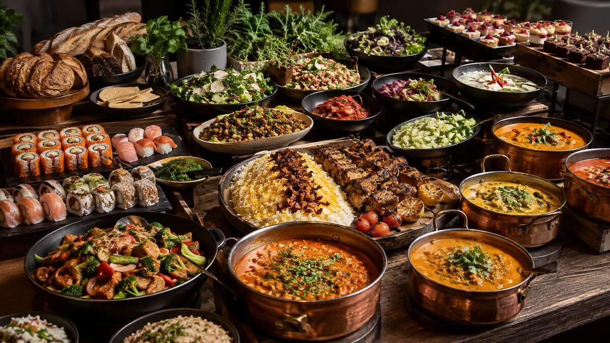 En stor buffé med asiatiska, indiska, persiska och vegetariska rätter