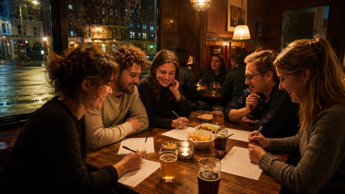 Vänner som deltar i ett pubquiz på en ombonad pub i Göteborg