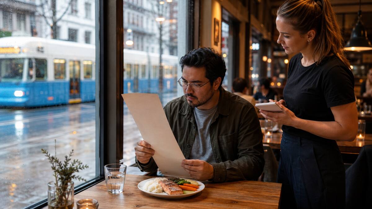 Gäst läser en meny medan serveringspersonal antecknar på en restaurang i Göteborg