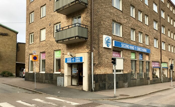 Second hand-butik vid Stigbergstorget i Majorna i Göteborg
