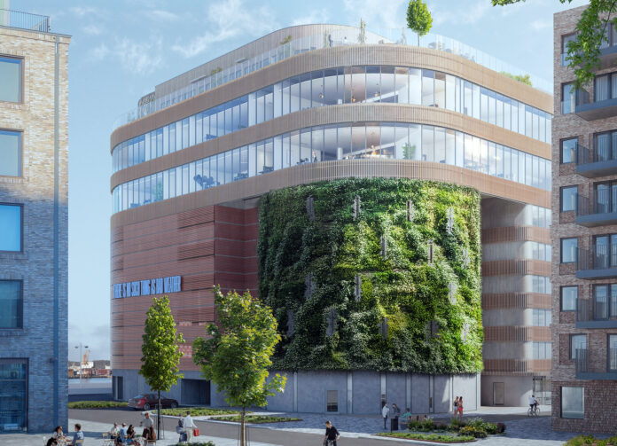 Visionsbild av Masthugget Väst och den stora gröna växtväggen på Masthuggskajen i Göteborg